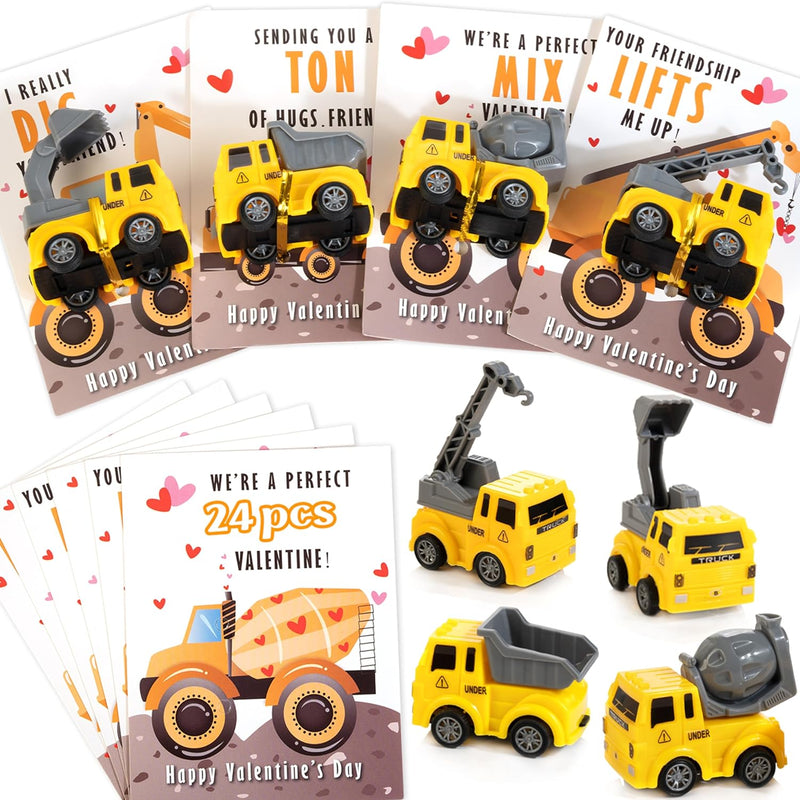 24PCs Construction Vehicles Toys Card-Exchange Valentines Day gift