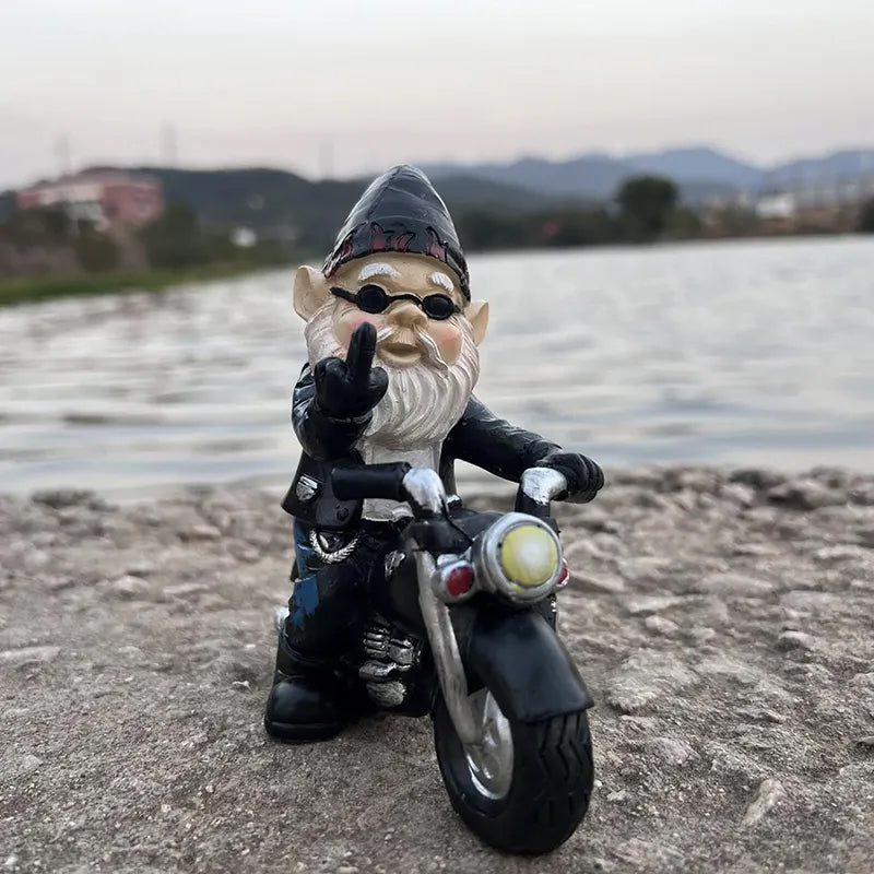 Middle Finger Dwarf Riding Motorcycle Funny Garden Gnome