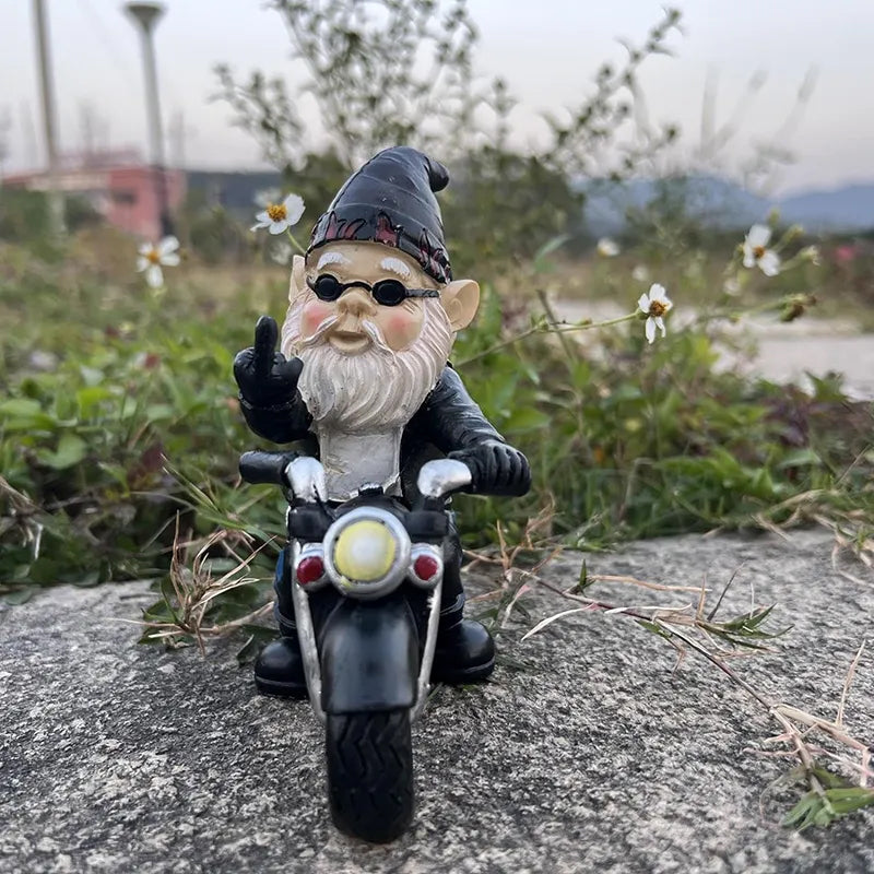 Middle Finger Dwarf Riding Motorcycle Funny Garden Gnome