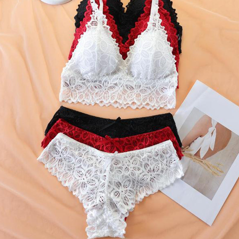 Women's Contrast Lace Wireless Bra & Bow Decor Panty Set