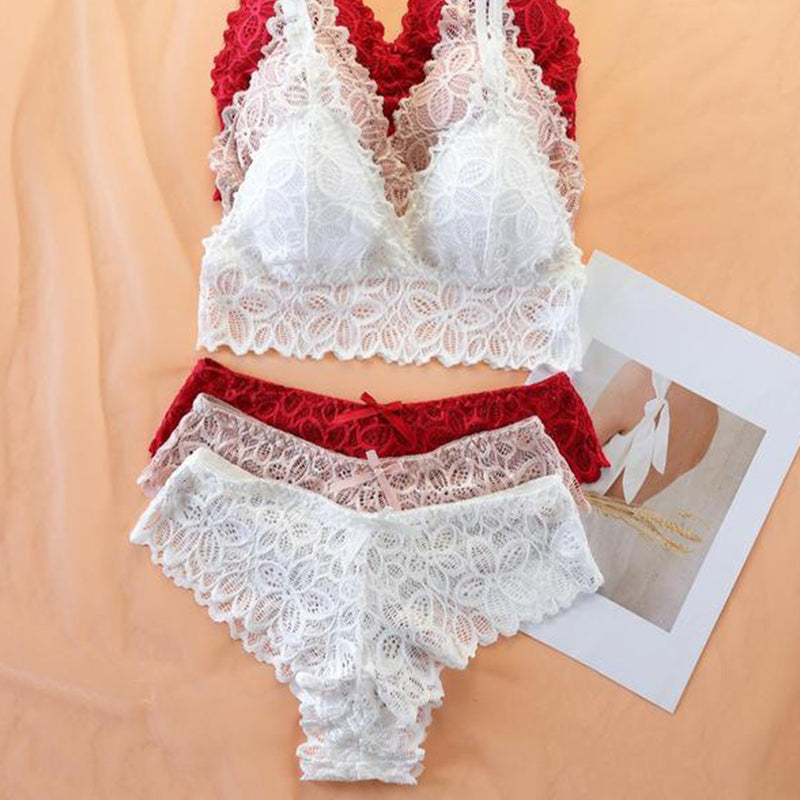 Women's Contrast Lace Wireless Bra & Bow Decor Panty Set