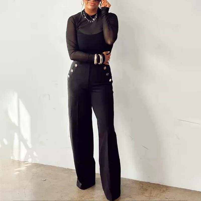 Tummy Control Button Wide Leg Pant