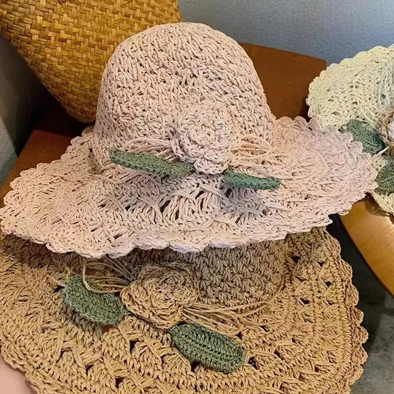 Elegant Crochet Straw Hat with Ruffle Detail