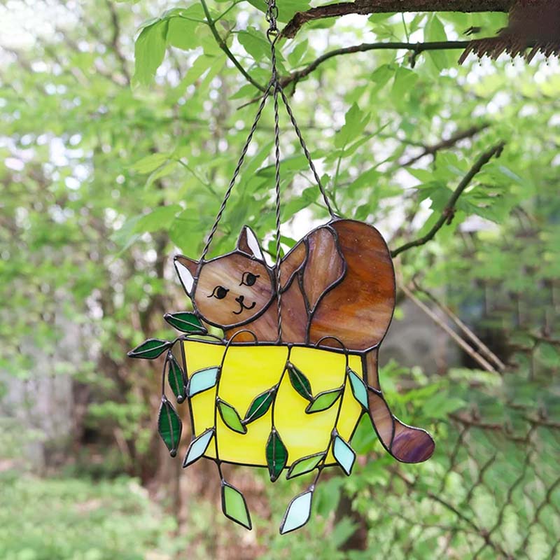 Cat in a flowerpot Suncatcher Stained Glass Window Hangins