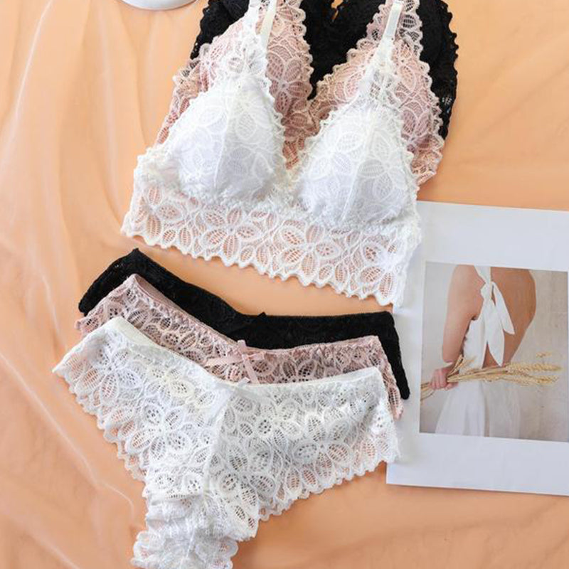 Women's Contrast Lace Wireless Bra & Bow Decor Panty Set