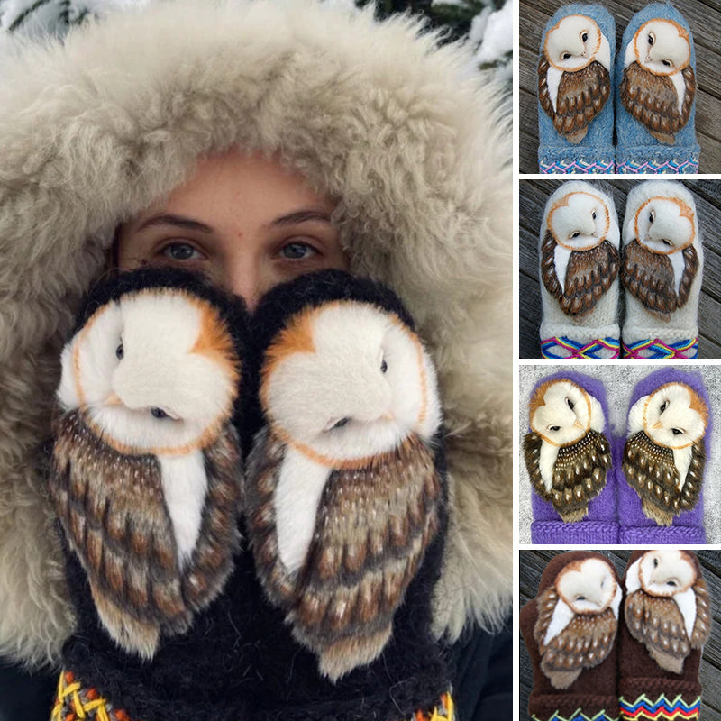 Hand-knitted Nordic mittens in wool with owls