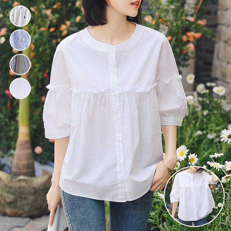 Sweet short-sleeved round neck blouse