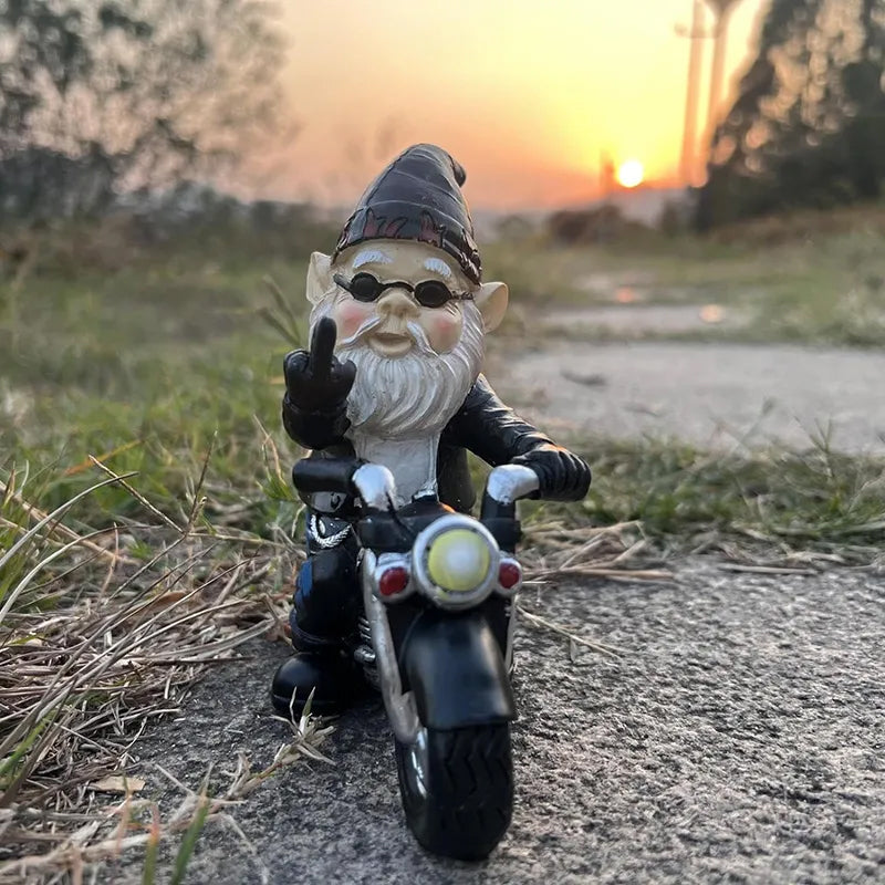 Middle Finger Dwarf Riding Motorcycle Funny Garden Gnome