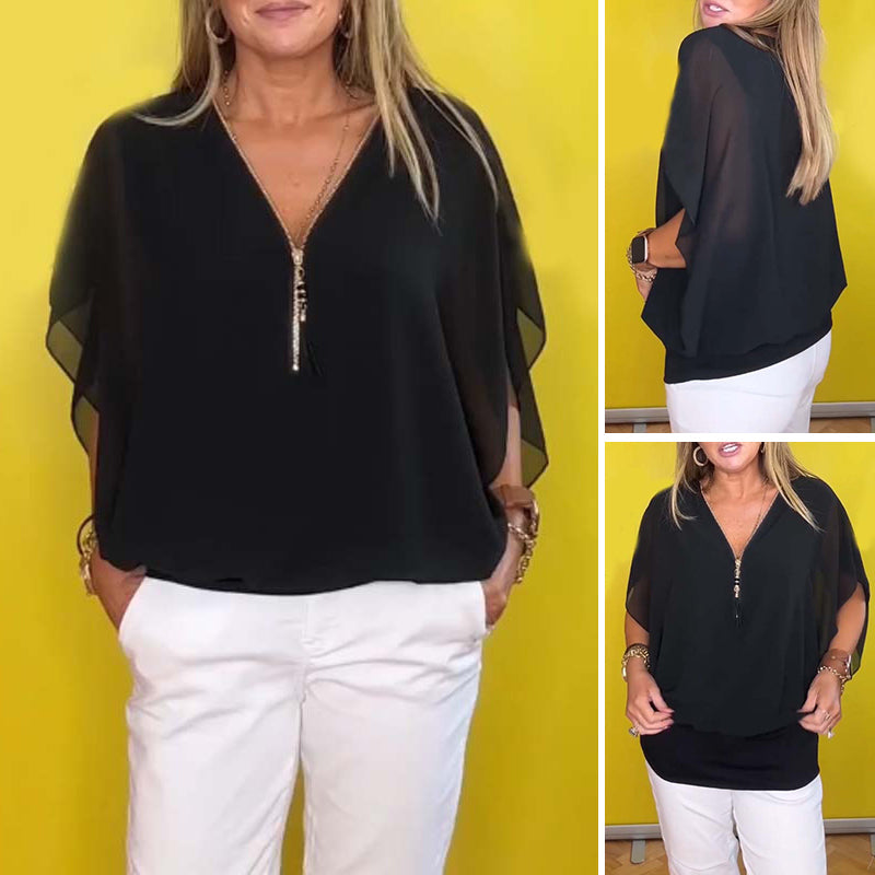 Chiffon Half-Zip Short-Sleeved Casual Top