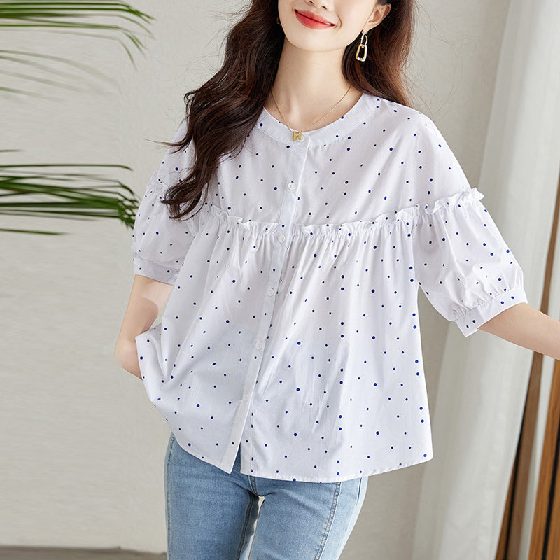 Sweet short-sleeved round neck blouse